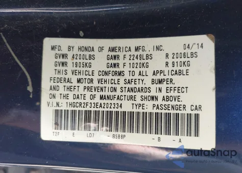 2014 Honda Accord Lx из США, поврежденный, VIN 1HGCR2F33EA202334